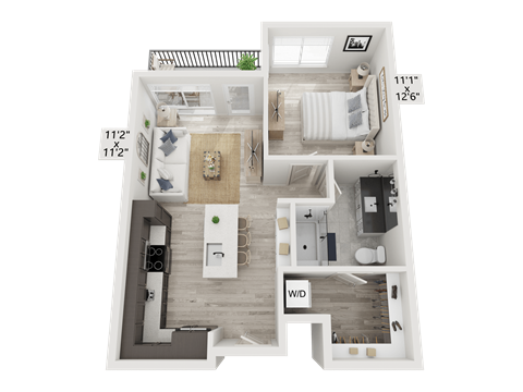 Floor plan for 1 bed, 1 bath, 654 sqft